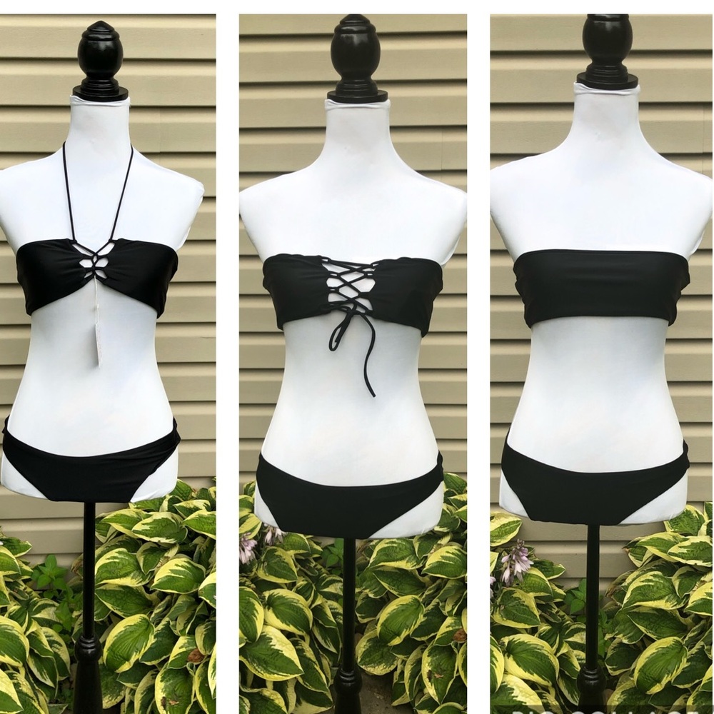 New Black Adjustable Back Lace-up Bandeau Bikini
